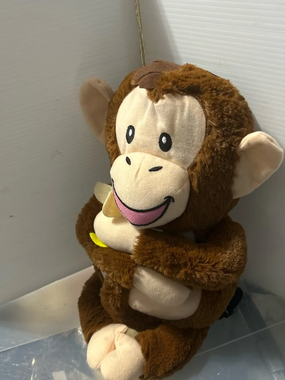 Brown Plush Monkey Backpack for Kids - Cute Banana Hugging Design